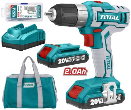 TOTAL - Masina de gaurit cu acumulator 20V-2.0Ah Li-Ion (2 acumulatori + 47 accesorii) (INDUSTRIAL)