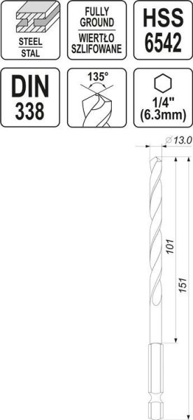 BURGHIU METAL PRINDERE HEX 13MM HSS6542
